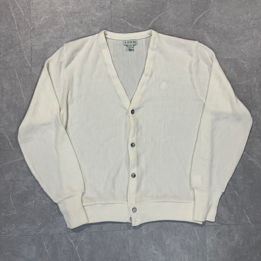 Vintage Izod Cardigan Sweater Mens Large Cream White Acrylic V-Neck USA Made